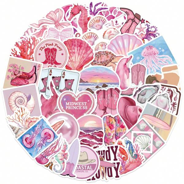 50 piezas Pegatinas de chica costera rosadas, pegatinas de vida marina, pegatinas de tiburón, pegatinas de estrella de mar, pegatinas de conchas, pegatinas estéticas, pegatinas de vinilo resistentes al agua, paquete de pegatinas estéticas para laptop, patineta, botella de agua, cuaderno, útiles escolares, vuelta al cole