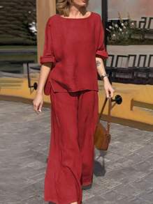 Women's Summer Elegant Set, Fashion Casual Vacation Daily Commute Versatile Solid Crew Neck Top Blouse & High Waist Loose Wide Leg Elastic Waist Pants 2 Pieces Set - Red - View 1