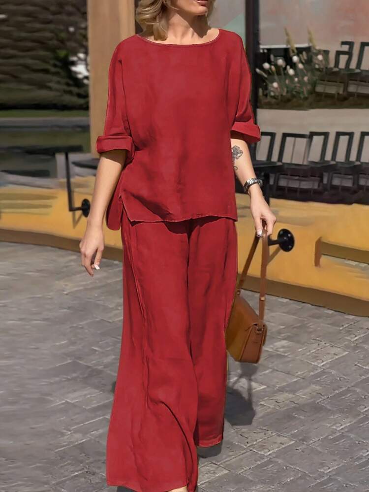 Women's Summer Elegant Set, Fashion Casual Vacation Daily Commute Versatile Solid Crew Neck Top Blouse & High Waist Loose Wide Leg Elastic Waist Pants 2 Pieces Set Spring - Red - View 1