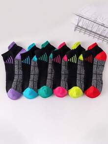 6 双女士运动袜，短袜，中筒袜，圆领袜，黑色条纹袜，适合跑步、锻炼和骑自行车