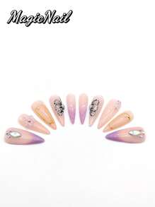 10 Pieces Of Pure Hand-Pressed Wearable Nails, Press On Nails,Nail Supplies,Nails Ptess On,Beach Essentials,33mm Long Nail Pieces, Pink And White Purple Gradient, Hand-Painted Black Butterfly Wing Patterns, Hand-Made Raised Flowers Purple Rhinestone Stamens, Other Aquatic Animal Footprints, Raised Lines To Decorate The Nail Surface. Spring And Summer Style, Cute Nail Plate, Can Be Worn Repeatedly. Suitable For Daily Leisure And Vacation Wear.