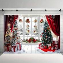 The Christmas Wonderland Snowman Background Paired With Red Curtains Is Perfect For Indoor Celebrations, Studio Photography, And Holiday Parties
