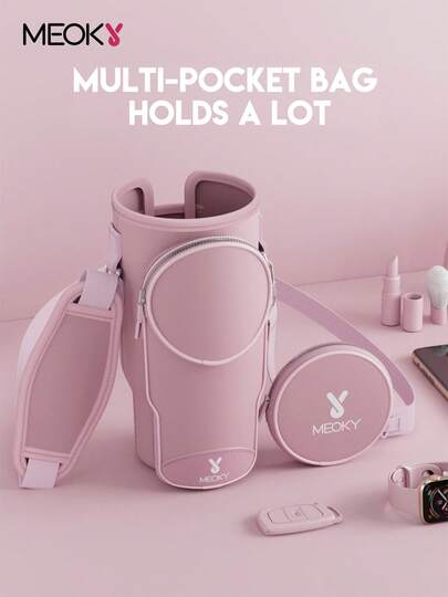 1pc Neoprene Insulated Bottle Sleeve, With Shoulder Strap, Portable Drink Holder, Fashion Accessory, Pink Pattern Design, Water Bottle Protective Cover