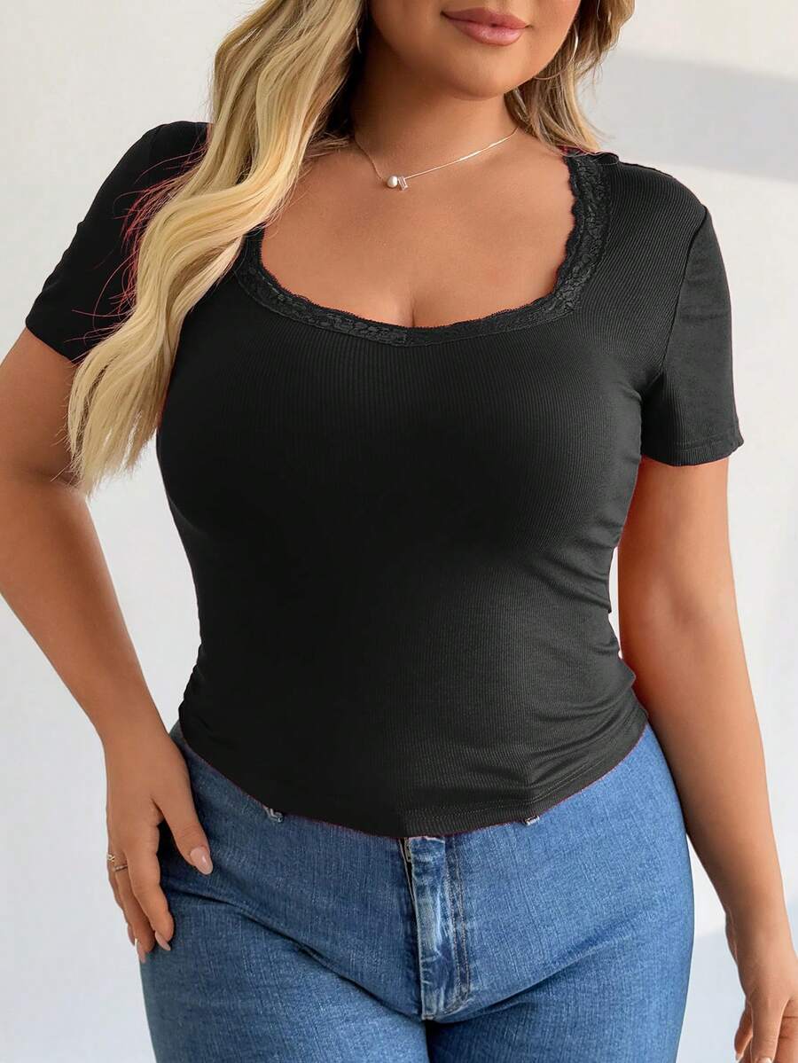 大码女式 Y2K 蕾丝方领短袖性感上衣 - 黑色 - 查看 1