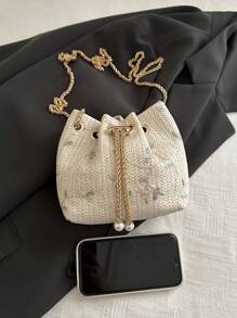 Fashionable New Mini Floral Hardware Chain Drawstring Women's Bucket Shoulder Bag, Multifunctional Leisure Vacation Style Pearl Chain Crossbody Bag, Suitable For Shopping, Wallets, Shopping, Young Women, College Students, Newcomers And White-Collar Workers. They Are Very Suitable For Offices, Universities, Work, Business, Commuting, Outdoor Activities, Travel, And Outings