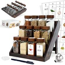 ERUIV Square Spice Jars, 2-In-1 Design With Acacia Wood Stand (FCM®) – Set Of 12 Spice Jars (120 Ml Each), Including Multiple Labels, Can Be Stood Upright And Is Suitable For Drawers – Spice Rack For Drawers And Spice Jars - Set Of 12 Square Bottles With Acacia Wood Stand - View 1