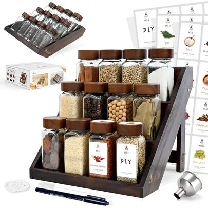 SAEIV Square Spice Jars, 2-In-1 Design With Acacia Wood Stand (FCM®) – Set Of 12 Spice Jars (120 Ml Each), Including Multiple Labels, Can Be Stood Upright And Is Suitable For Drawers – Spice Rack For Drawers And Spice Jars