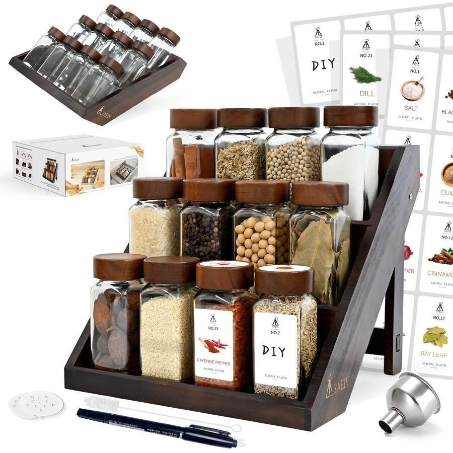 ERUIV Square Spice Jars, 2-In-1 Design With Acacia Wood Stand (FCM®) – Set Of 12 Spice Jars (120 Ml Each), Including Multiple Labels, Can Be Stood Upright And Is Suitable For Drawers – Spice Rack For Drawers And Spice Jars - Set Of 12 Square Bottles With Acacia Wood Stand - View 1