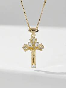 1 pieza Collar colgante con cruz de Jesús de 14K color oro, estilo europeo y americano, hipoalergénico, con relieve en capas e incrustación de cobre y circonita, adecuado como regalo para madres, San Valentín, parejas, amigos, cristianos, para uso diario, festivales y oración