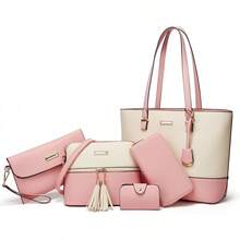 YNIQUE Juego de 5 piezas de bolsos de mano para mujer, bandoleras con empalme de colores contrastantes, diseño informal para escuela y trabajo - 9-10 Rosa y blanco - Ver 7