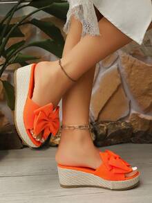 Women's New Woven Double Strap Bow Decor Wedge High Heel Sandals, Sweet Open Toe Bowknot Thick Bottom Platform Espadrille Wedge Heel Slip-On Sandals, Solid Colors In Red, Black, White - Orange - View 7