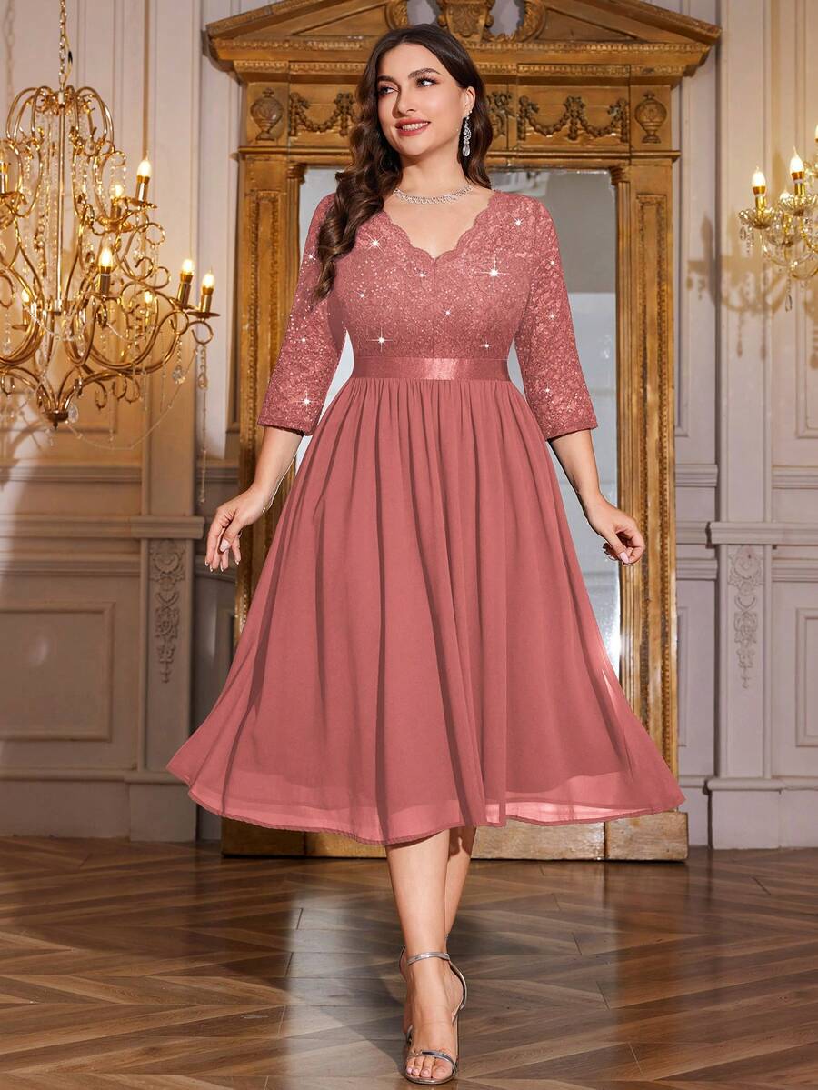 Plus V Neck Sequin Floral Lace 3/4 Sleeve Ruffle Chiffon Hem Formal Evening Party Dress, Elegant Wedding Guest Gown,For Graduation,Dinner,Homecoming - 藕粉色 - 查看 1