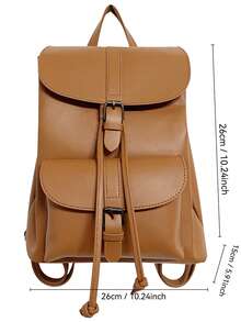Stylish Black Leather - Like Backpack With Retro Buckle Design For Outings - Brown - View 3