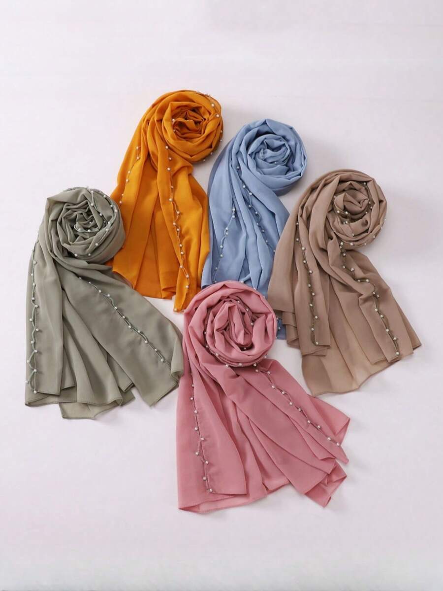 1pc-Pearls Beading Chiffon Hijab Scarf Woman Muslim Hijab Sweet Girl Hair/Headband Long Wraps Islam Turban Malaysian Headscarf - Multicolor - View 1