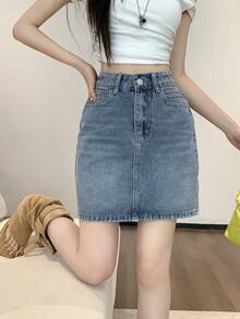 休闲洗水牛仔 A 字迷你裙，春夏 - 藍色 - 查看 7