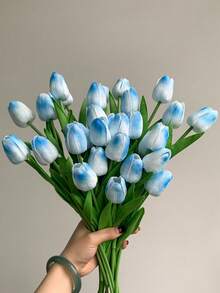 10 朵渐变蓝色真实触感郁金香人造花束 - 优质人造花艺布置，适用于婚礼/家居/派对装饰，也是复活节、情人节、圣诞节、母亲节和妇女节的理想礼物（栩栩如生的丝绸郁金香适用于办公室、酒店和房间装饰）、装饰玫瑰、装饰风格。