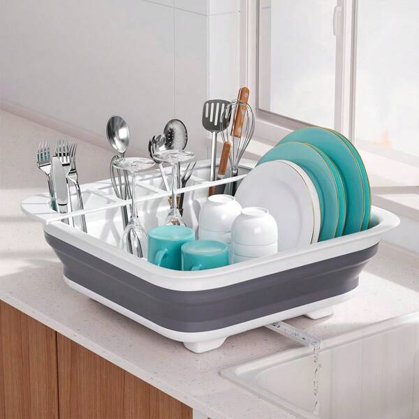 1pc Grey Foldable Dish Drainer With Cutlery Divider Perfect For Home Owners Or Camping - Break-Resistant - Space Saving Design