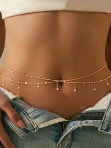 1 chiếc dây đeo eo nhiều lớp đính hạt lấp lánh màu bạc và vàng, dây đeo bụng pha lê có thể điều chỉnh, trang sức cơ thể cho phụ nữ và bé gái, phụ kiện dự tiệc bãi biển mùa hè. - Vàng - Xem 2
