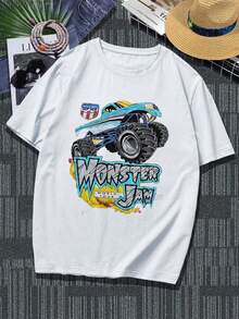 1pcs Graphic Casual Men Plus Size TShirts Monster Truck Tee 100% Cotton For Outdoor Activities And Racing Events, Perfect For Monster Jam Fans And Car Enthusiasts - White - View 1