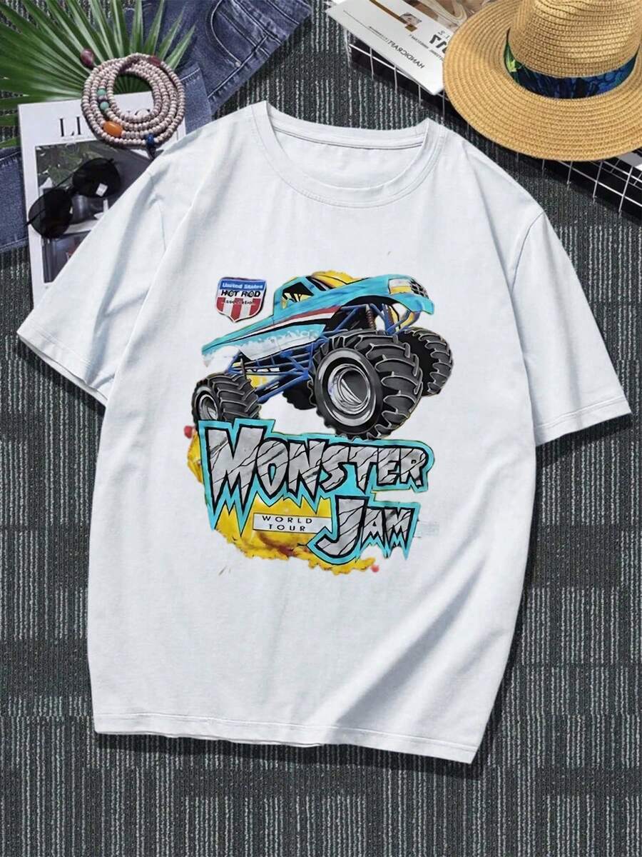 1pcs Graphic Casual Men Plus Size TShirts Monster Truck Tee 100% Cotton For Outdoor Activities And Racing Events, Perfect For Monster Jam Fans And Car Enthusiasts - White - View 1