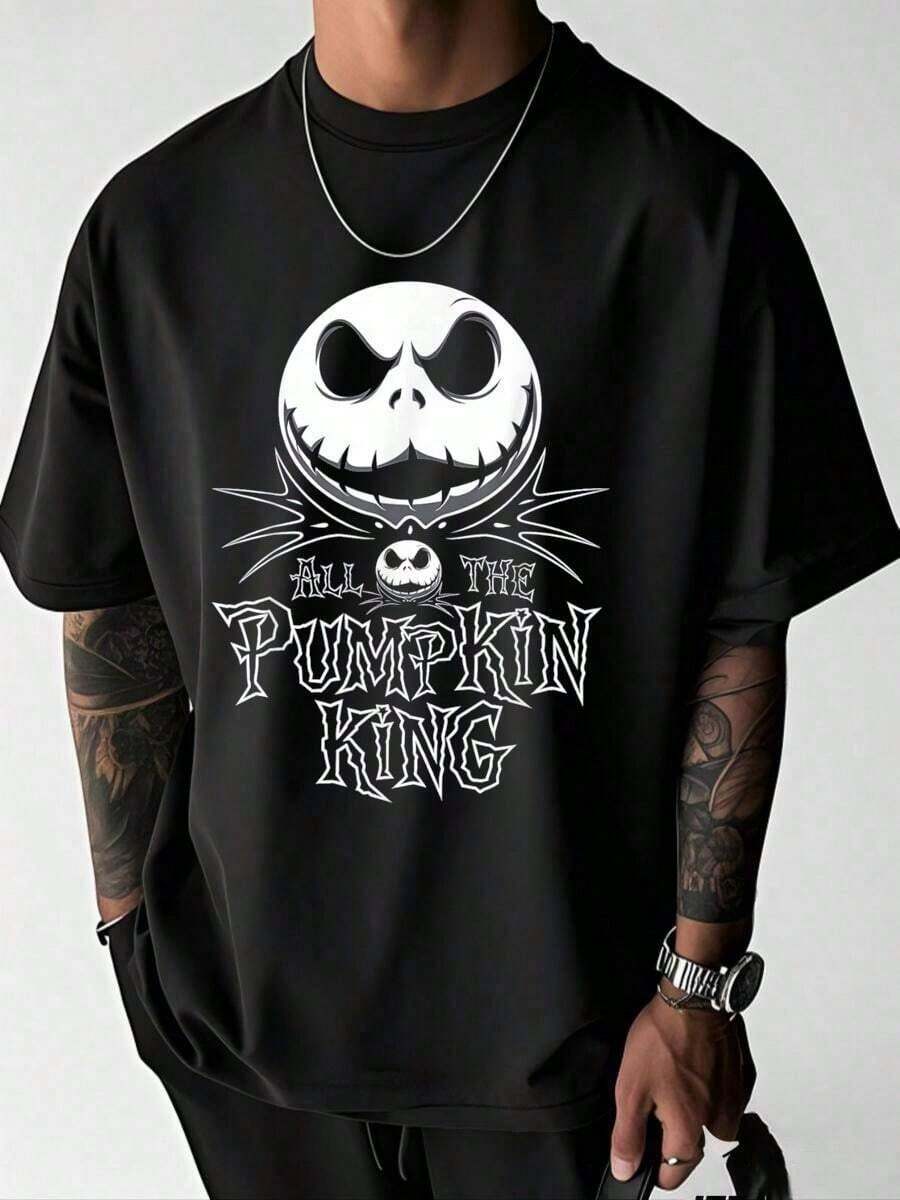 Halloween Pumpkin King Jack Skeleton Spooky T-Shirt Cotton Summer Men's Short Sleeve Tops T-Shirt - màu đen - Xem 1