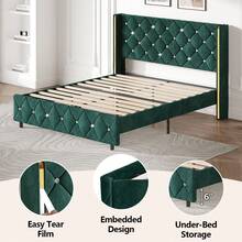 Bed Frame With Wingback Headboard, Upholstered Bed Frame With Diamond Headboard And Footboard, Velvet Modern Bed Frame, Easy Assembly, Purple/ Blue/ Pink/ White/ Black/ Green, Twin/ Full/ Queen/ King - 綠色 - 查看 5