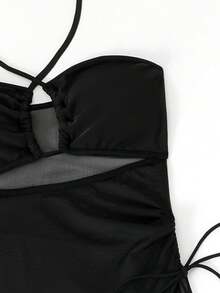 2pcs Set Solid Color Casual Elegant Sexy Net Insert Back Tie Ruffle Drawstring Swimsuit, Suitable For Beach, Travel, Workout, All Season