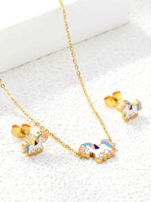 Set de collier et boucles d'oreilles en acier inoxydable pour femmes, avec gouttes de couleurs douces, poney mélangé et papillons. Bijoux personnalisés créatifs, cadeau idéal pour l'été