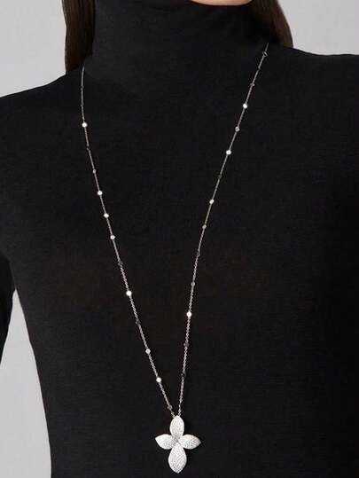 1 件全新花卉双层水钻装饰长项链，时尚舞台配饰