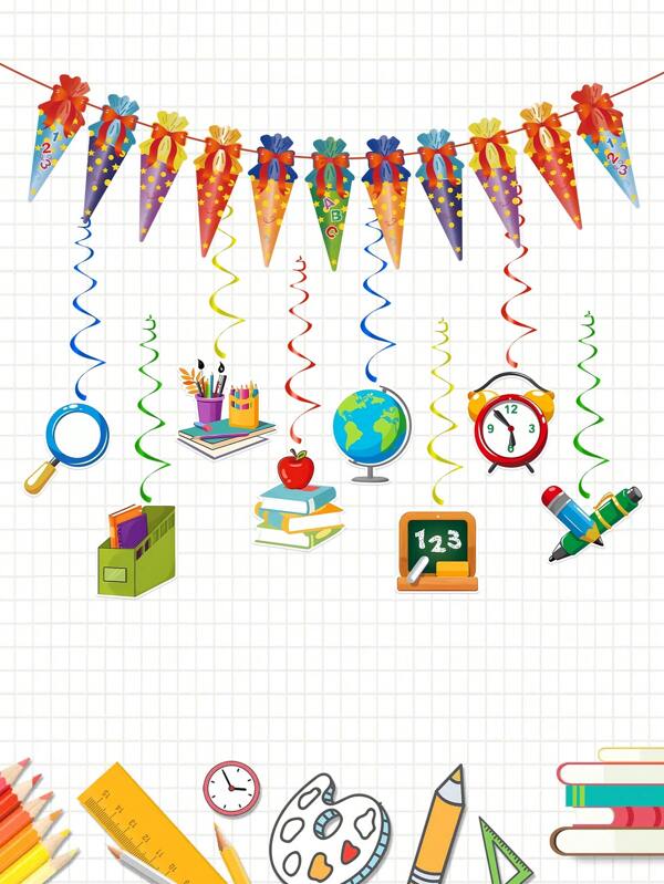 9 peças de guirlandas coloridas de sacolas de doces e decorações de redemoinhos de volta às aulas, enfeites de redemoinhos de papel para pendurar em formato de maçã, materiais para decoração de parede de sala de aula, decoração para festa de primeiro dia de aula