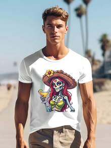 220g Cotton T-Shirt Dia De Los Muertos Señorita - Sugar Skull Senorita With Sombrero Cocktail - Day Of The Dead Fiesta Tee - Vibrant Graphic Print - Soft Breathable - Perfect For Celebrations! 0001 - trắng - Xem 1