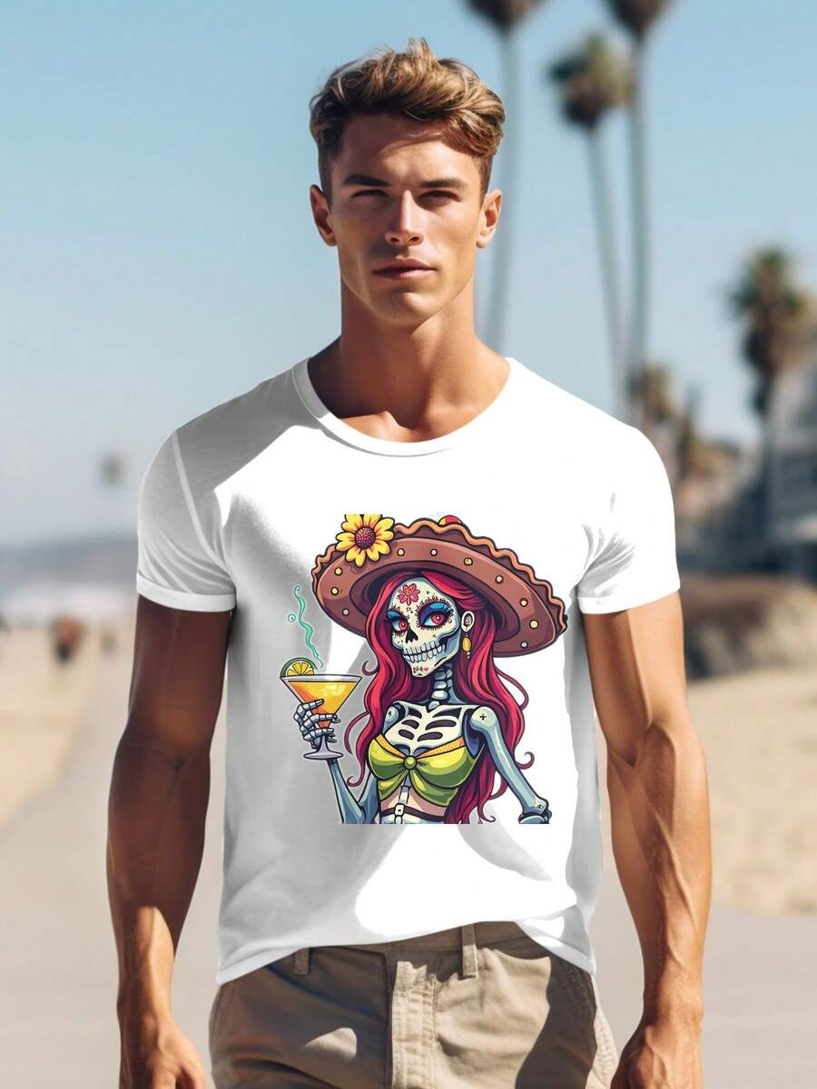 220g Cotton T-Shirt Dia De Los Muertos Señorita - Sugar Skull Senorita With Sombrero Cocktail - Day Of The Dead Fiesta Tee - Vibrant Graphic Print - Soft Breathable - Perfect For Celebrations! 0001 - trắng - Xem 1