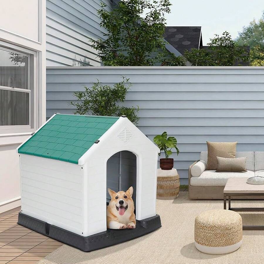 Plastic Dog House - Waterproof Dog Kennel With Air Vents And Elevated Floor All Weather Indoor Outdoor Insulated Doghouse Puppy Shelter, Easy To Assemble - 綠色34寸 - 查看 1