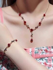 Conjunto de 4 peças de colar, pulseira e brincos vintage com design de folhas e flores de liga, presente e uso diário