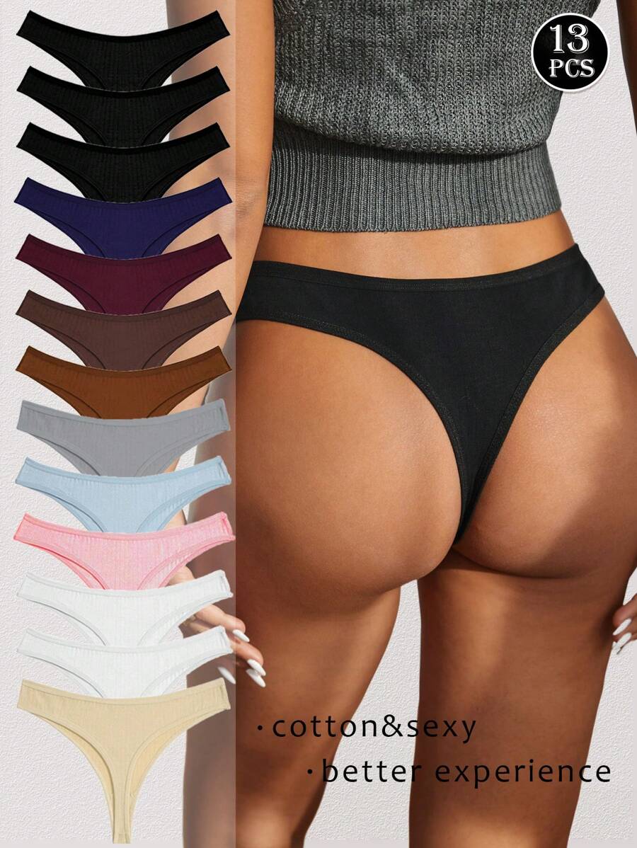 13 Pcs Cotton  Casual-Sporty  Casual-Comfy    Letter  Plain    Low Rise    Thongs For Women
