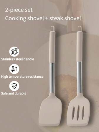 2 Packs Silicone Spatulas, Solid & Slotted Turner Spatula Set For Nonstick Cookware, High Resistant Cooking Utensils, Idea For Cooking Fish, Eggs, Steak(Khaki)