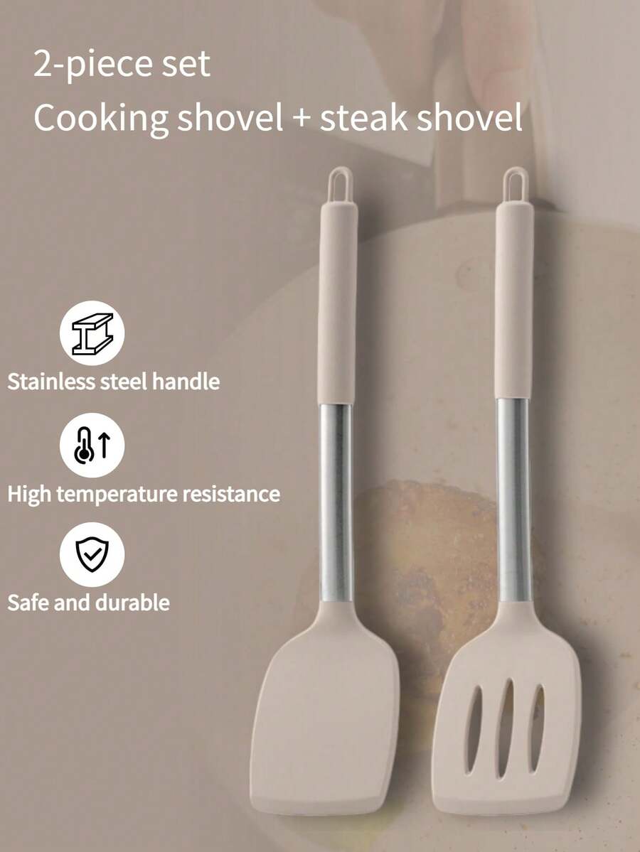 2pcs Silicone Spatula Set, Solid And Slotted Spatulas, Suitable For Non-Stick Pans, Durable Cooking Utensils For Fish, Eggs, Steak (Khaki) - Khaki - View 1