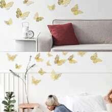 12 Stücke/Packung, 3D Schmetterling Wanddekoration, 3 verschiedene Größen, goldfarbene Schmetterling Wandaufkleber, geeignet für Geburtstag, Party, Torte, Hochzeit, Wohnzimmer, Schlafzimmer Wanddekoration, abnehmbare Wandaufkleber