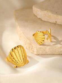 2 piezas Anillos de acero inoxidable con diseño de estrella de mar y concha para mujeres, elegante joyería estilo bohemio para viajes y playa