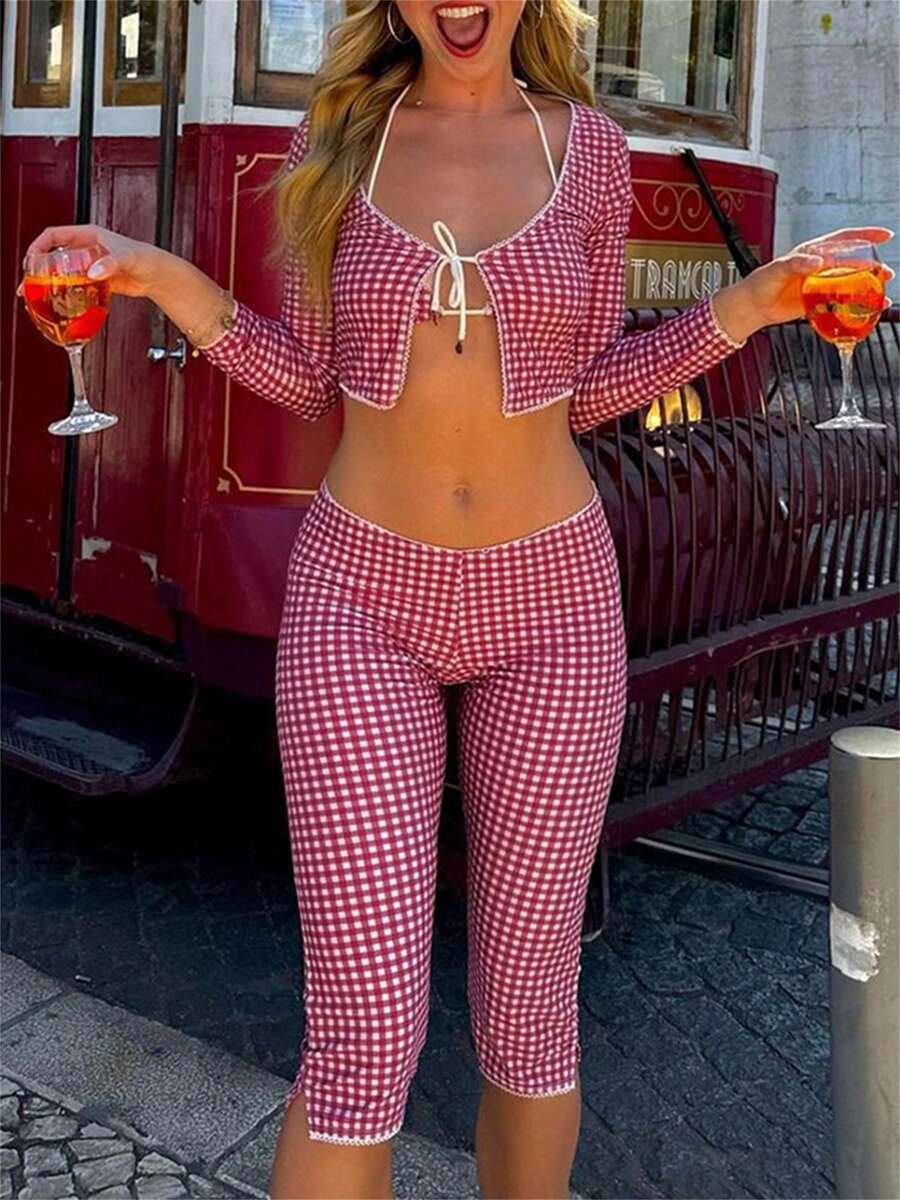 Women's Summer Plaid Outfits Long Sleeve Tie Front Crop Top Gingham Low Waist Slim Capris Pants Set 2 Piece - 紅色 - 查看 1