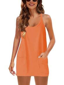 Women's Summer Sleeveless Mini Dress With Built-In Shorts - Orange - View 2