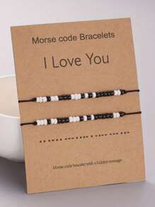2pcs/Set Regular Black & White Beads I Love You Morse Code Braided Bracelet Set Couple Matching Adjustable Bracelets For Women Men Boyfriend, Girlfriend,BBF,Birthday And Valentine's Day Graduation Decoration Friendship Gifts