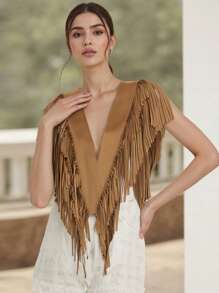 Women's Suede Tassel Vest 70s Hippie Outfit Sleeveless Open Front Vest Western Collar