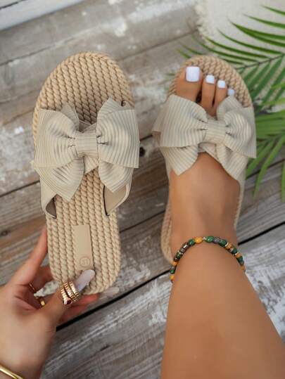 Wide Fit Bowknot Summer Sandals Women Fashion Slippers Non-Slip Outdoor Beach Slippers, Plus Size