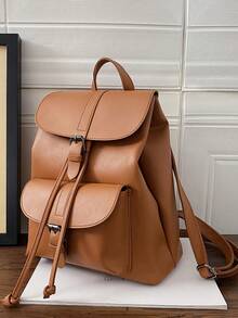 Stylish Black Leather - Like Backpack With Retro Buckle Design For Outings - Brown - View 1