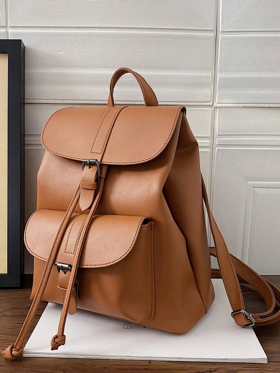 Stylish Black Leather - Like Backpack With Retro Buckle Design For Outings - Brown - View 1
