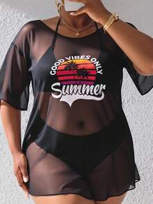 Slaydiva Summer Beach Plus Tropical & Letter Graphic Drop Shoulder Mesh Cover Up Dress Without Bikini Set - Black - View 1