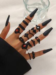 Set de 15 anillos de mujer con grandes gemas con diseño de flor y hoja calados en estilo vintage exagerado, accesorio de joyería para uso diario, ideal como regalo de San Valentín