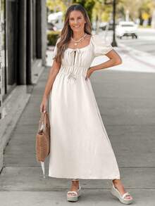 EMERY ROSE Women Summer Casual Solid Color Puff Sleeve Dress - Apricot - View 1
