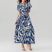 Women Casual Long Dress Smocked Waist Pintucked Hem Side Slant Pockets V-Neck Short Sleeve Flowy Maxi Dresses - Navy Blue - View 3